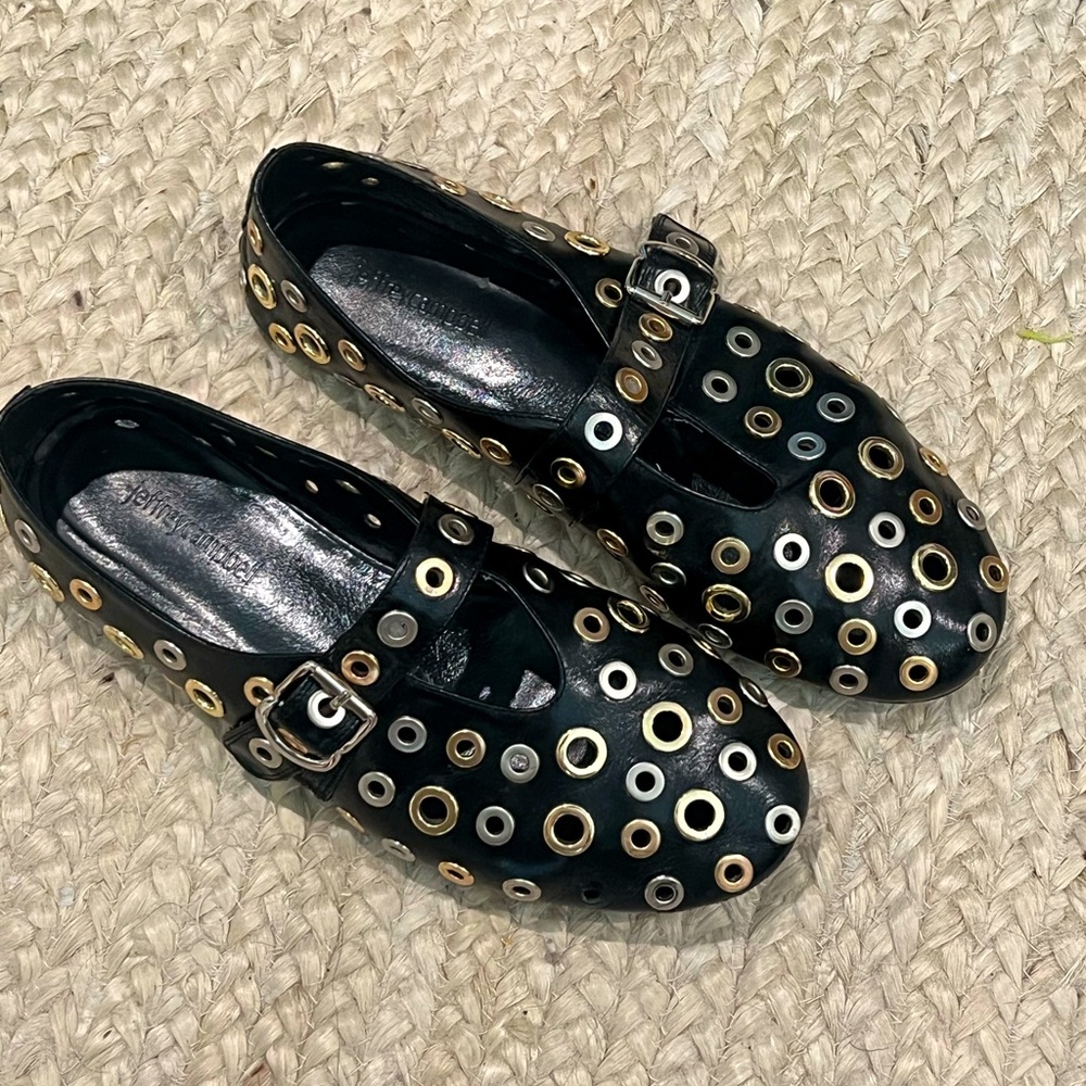 Jeffrey Campbell Black Grommet Mary Jane Flats - Leather Buckle Velcro Strap